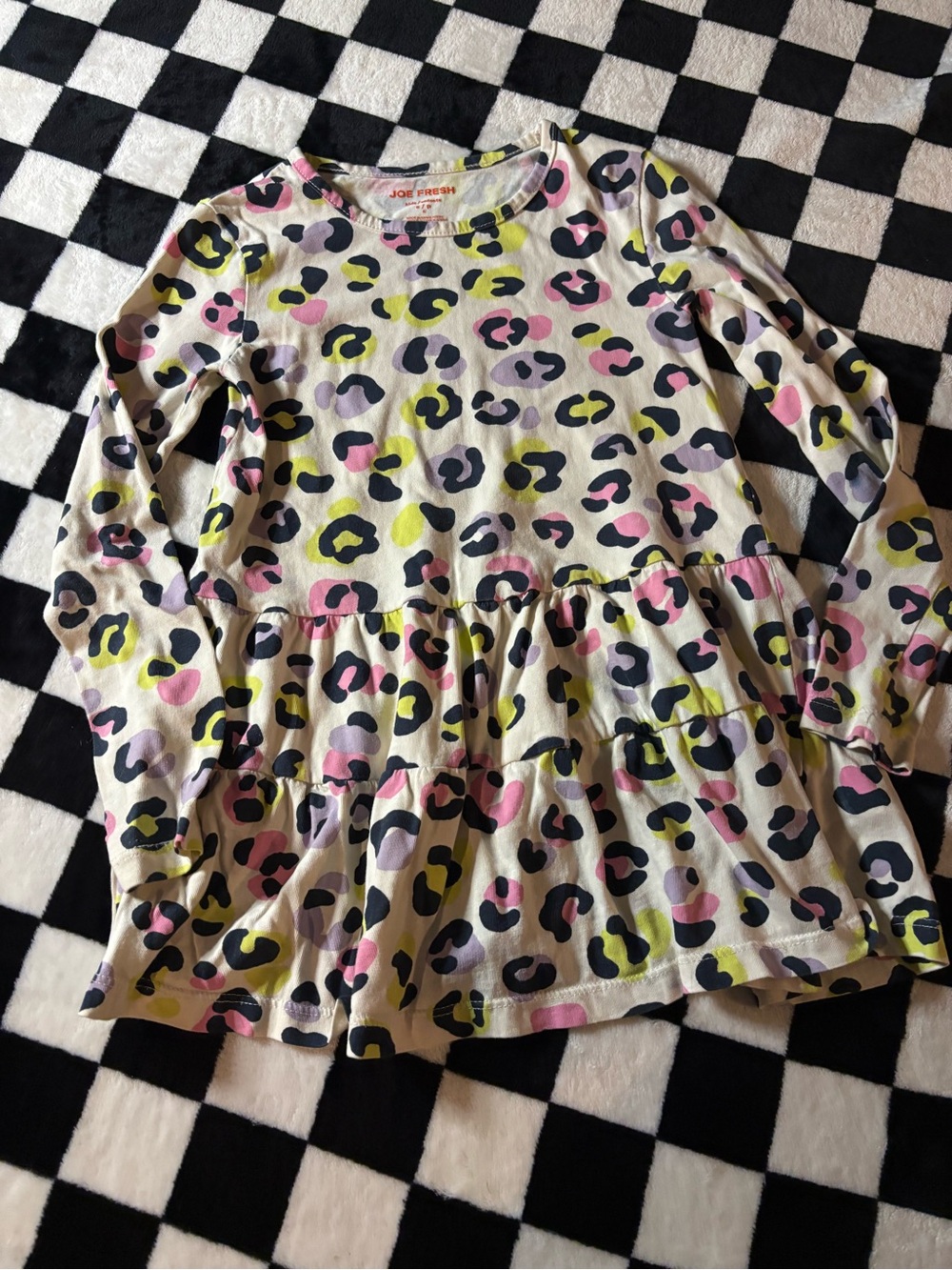 Size 6 Joe Fresh Girls' Long-Sleeve Leopard Print Peplum Top - Pink/Yellow/Black